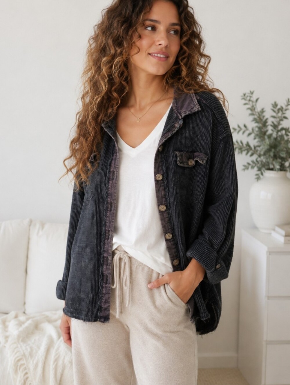 Oli & Hali Waffle Knit Oversize Button Down Shirt Charcoal Gray